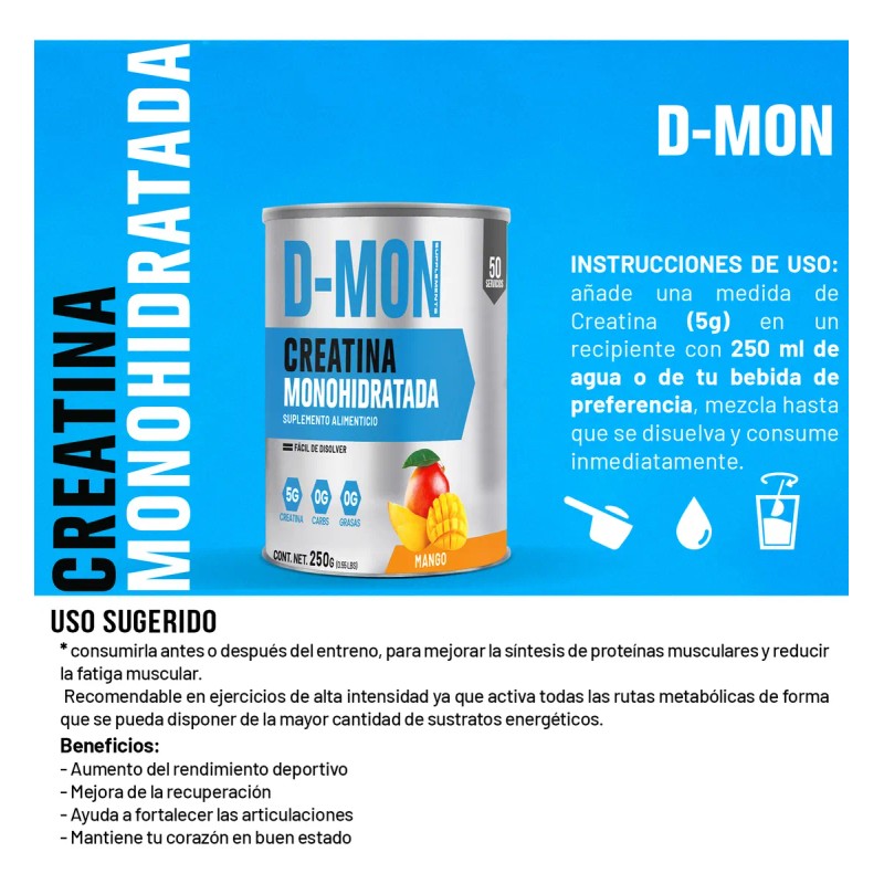 Monohidrato De Creatina 250g 50 Porciones Sin Sabor Dmon