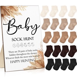 Hoteam 21 Pcs Baby Shower Games Include Baby Sock Hunt Sign and 20 Pair Small Cotton Socks Wooden Table Sign with Holder for Boy and Girl Gender Reveal Party Favors(Classic Style)