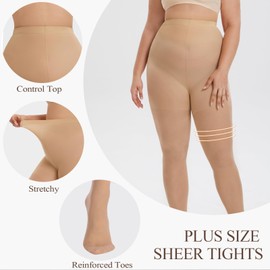 YAGAXI 2 Pairs Plus Size Sheer Tights for Women - 20D Women's Control Top Pantyhose Reinforced Toe(Nude,1X)