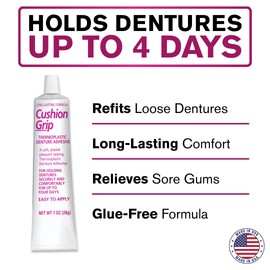 Cushion Grip Thermoplastic Denture Adhesive 1 oz (5-Pack) – Refits & Tightens Loose Dentures, Works Like a Soft Reliner for a Secure Custom Fit, Long-Lasting Comfort, Waterproof, Zinc-Free