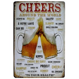 ERLOOD Cheers Around The World Drinking Distressed Metal Retro Wall Decor Vintage Tin Sign 8 x 12