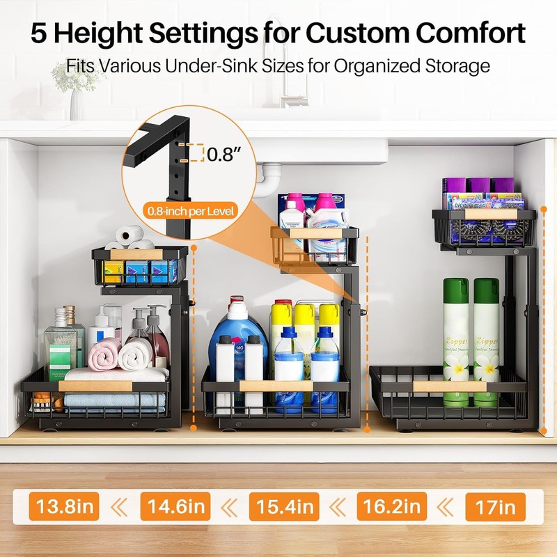 PXRACK 1 Pack Under Sink Organizer,Adjustable Height,2 Tier Pull Out