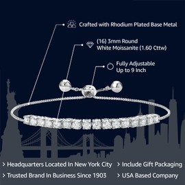 Gem Stone King Moissanite Tennis Bracelet For Women Bridal Wedding Fashion with Box Chain and Slider (1.60 Cttw, Round 3MM, Fully Adjustable Up to 9 Inch)