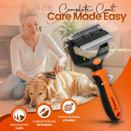 Pawssport – Rastrillo de aseo profesional 3-en-1 para perros y gatos | Con deslanador, peine y cepillo para quitar pelo, subpelo y nudos | Para pelaje corto, largo y doble capa (Naranja)