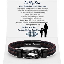 QWNHONEY Gifts for Son from Mom Infinity Knot Leather Birthday Christmas Anniversary Mens Brown Braided Cuff Bracelet 9 Inches