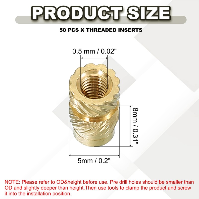 PATIKIL M3 Threaded Inserts M3x8x5mm, 50 Pcs Brass Heat Set