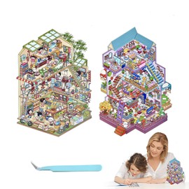 YYDeYi DIY 3D House Stickers - 2 Sets 3D Miniature Scene Stickers Reusable and Waterproof Book Children Stickers 3D Scenes Relief Stress for Adult Pass The Time (Villa)