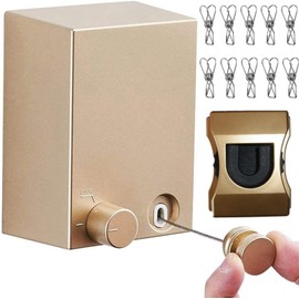 ABHILWY Retractable Clothesline Clothes Line Retracting Outdoor/Indoor, Heavy Duty Stainless Steel Adjustable Drying Rope Wire Dryer with ABS case+Aluminum, Self Adhesive Wall Mount Upgrade Knob Gold