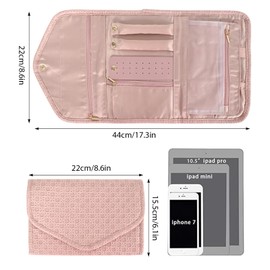 Jewellery Organizer Roll Bag Leather Jewelry Storage Roll, Portable Jewelry Storage Travel Jewel Bag Waterproof Large Jewellery Storage Bag for Necklace Bracelets Earrings Gift Girls Women, Pink