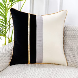 PANOD Patchwork Black Silk-Like Velvet Throw Pillow Cover with Gold Striped Leather Cushion Case Modern Luxury Square Pillowcase for Sofa Couch Bedroom Living Room Home,18x18 inch