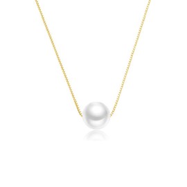 Solid 18K Yellow Gold Over 925 Silver Pearl Necklace for Women,Dainty Freshwater Cultured White Pearl Pendant Necklace,Fashion Jewelry Gift for Her (Yellow Gold, 18K Gold)