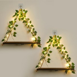 JOPSTDI Floating Shelves,Plant Wall Decor,Wall Shelf,No Drill Shelves,Decorative Leaves and Light Strip,Set of 2 Plant Shelf Wall,Christmas Day for Decorating Room(White Flower)