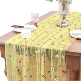 Joanlody 3pcs Yellow Embroidery Daisy Fall Table Runner Florals Seasonal Tulle Table Runner Holiday Kitchen Dining Table Decoration Wedding Party