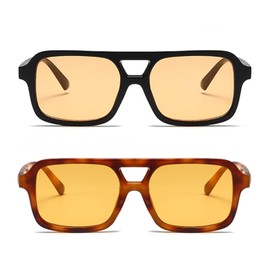 LJCZKA Retro Sunglasses Aviator Glasses for Men Women Classic 70s Flat Square Double Bridge Sunglasses with UV400 Protection, Black orange + leopard orange