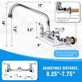 Bietor Wall Mount Kitchen Faucet 8" Center Commercial Sink Faucet with 12" Swivel Spout Dual Handles Brass Utility Sink Faucet for Laundry Room Restaurant Polish Chrome with 90° Installation Kit