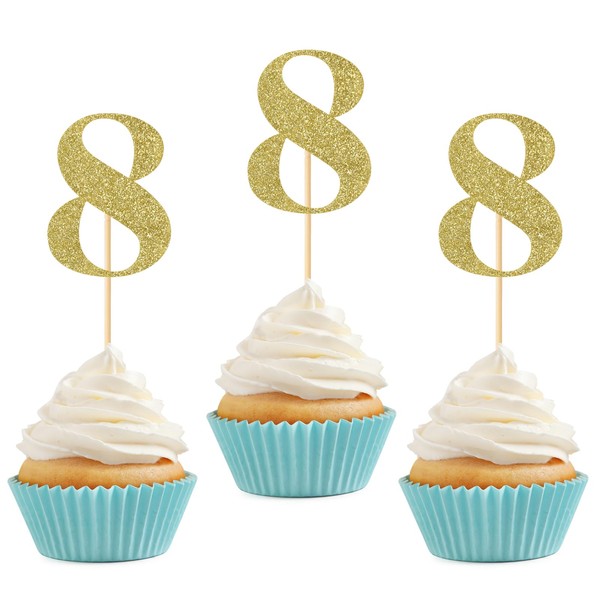 24 piezas de adornos para cupcakes de 8 cumpleaños con purpurina, número 8, púas para cupcakes de ocho aniversario, 8 años, suministros para decoración de cupcakes de fiesta de cumpleaños, color dorado