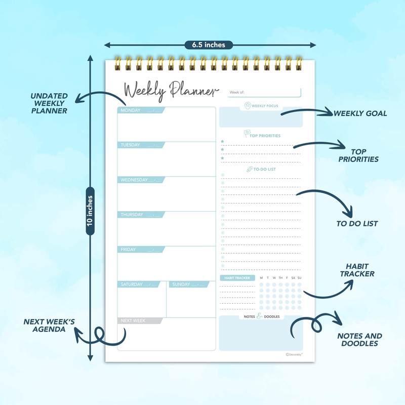 Decorably Weekly Planner Pad Portrait - Weekly Planner Notepad, 52