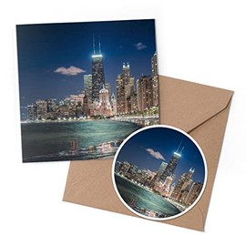1 x Greeting Card & 10 cm Round Sticker Set - Chicago City Illinois Cityscape - Birthday Thank You Friend Lover Fan Mum Dad Kids #12389