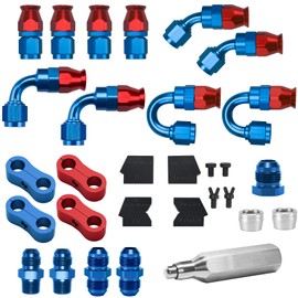 BRIFITOR 6AN PTFE Hose End Fittings Kit 0/45/90/180 Degree Fittings with Anti-Leak AN6 Male Fittings Adapters, AN Wrench Protectors & PTFE Hose Assembly Tool For E85 Fuel Line, Red & Blue