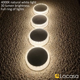Lacasa Solar Deck Lights Outdoor Waterproof LED Solar Step Lights Driveway Lights, White 4000K, for Garden Yard Patio Pathway, Round, 4 Pack