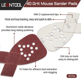 LEONTOOL Pack of 20 Mouse Sandpaper 40 Grit 12 Hole Mouse Sanding Pads with 2 Additional Tips for Replacement Hook and Loop Sandpaper for Mouse Sander Detail Sander Sandpaper