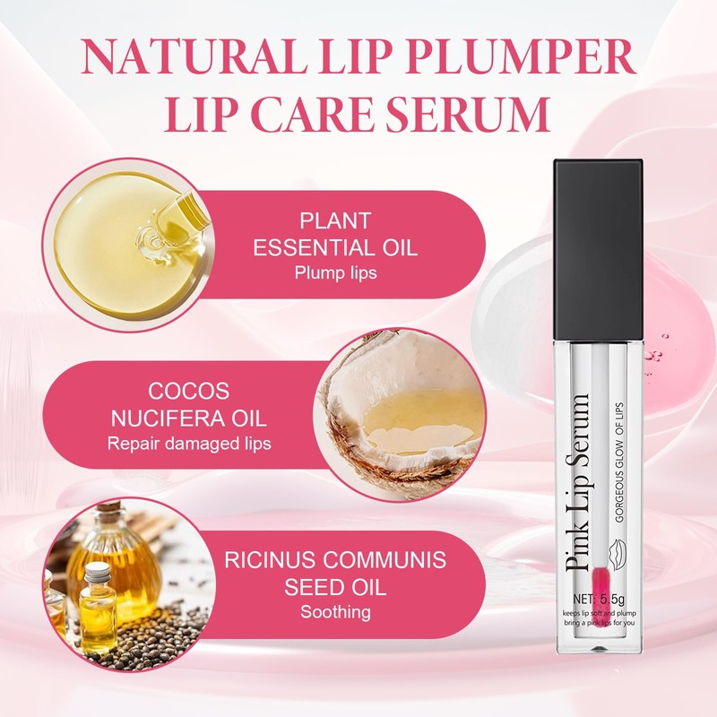 Pink Lip Serum 2 Pack,Multi-function Plump It,Lip Gloss Sets for