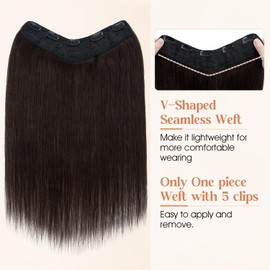 SLEEKALON Brown Real Human Hair One Piece Clip in Hair Extensions 3/4 Full Head Clip on Hair Extensions for Women V-Shaped Weft Clip in Hair Extensions Silky Straight Thick Ends(14",Dark Brown)