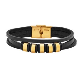 Magna Steel Men's Multi-Strand Genuine Leather Filigree Accents Bracelet, Gold