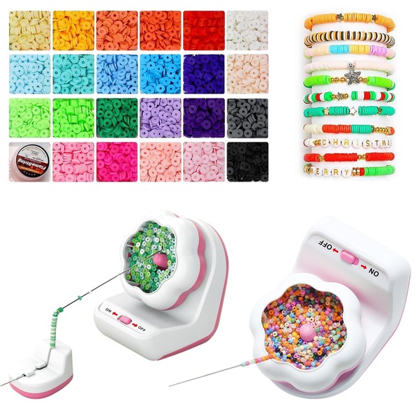 Electric Bead Screwdriver, Clay Bead Spinner with 2 Beading Needles for Different Size Beads, Automatic Bracelet Spinner with 2500 Pieces Colourful Beads for Jewellery Making/Bracelets/Necklaces