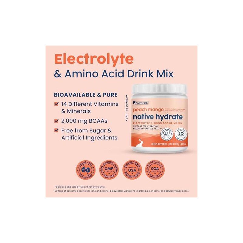 NativePath Native Hydrate, sin azúcar, polvo de electrolitos con BCAA,
