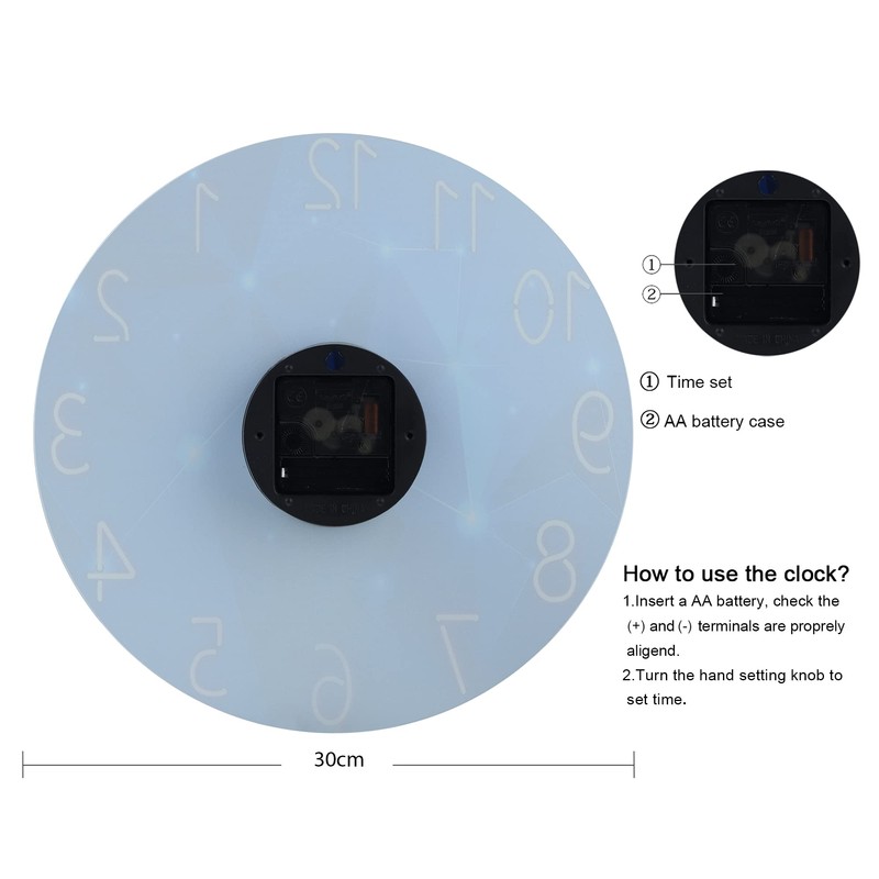 Lafocuse 12 Inch Silent Non Ticking Glass Blue Wall Clock