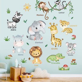 decalmile Jungle Animals Wall Decals Monkey Elephant Lion Giraffe Wall Stickers Baby Nursery Kids Room Living Room Wall Decor