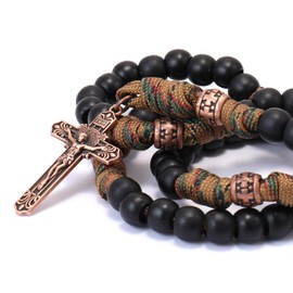 Nazareth Store Paracord Rosary Necklace 8mm Black Beads Antique Bronze Strong Rugged Corded Catholic Rosary with St.Michael Medal & Cross Crucifix (Brown Paracord Copper St.Benedict)