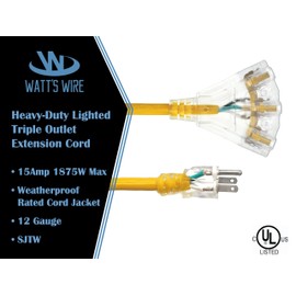10 ft - 12 Gauge Heavy Duty Extension Cord - 3 Outlet Lighted SJTW - Indoor/Outdoor Extension Cord by Watt's Wire - 10' 12-Gauge Grounded 15 Amp Extension Cord Splitter