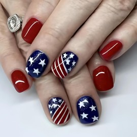 4th of July Press on Nails Short Square Fake Nails with Star Stripe Designs Independence Day American Flag False Nails Red Stick on Nail Acrylic Patriotic Artificial Glue on Nail for Women 24 Pcs