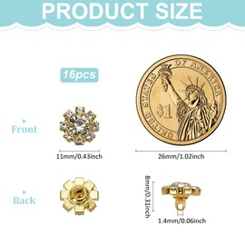 FINGERINSPIRE 16PCS Rhinestone Brass Shank Buttons 11mm in Diameter Decorative Crystal Rhinestone Buttons Reusable Golden Brass Flower Shape Embellishment for Sewing DIY Crafts Clothes Hat Decoration