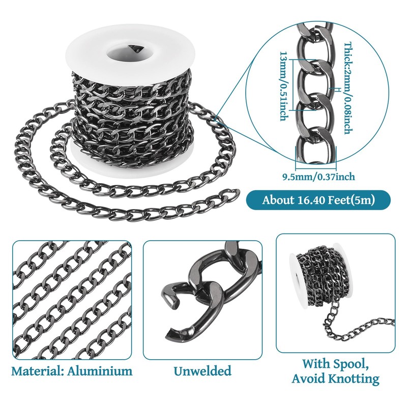 Crafans 5 Meters Aluminium Curb Chains Black Twisted Extender Chains