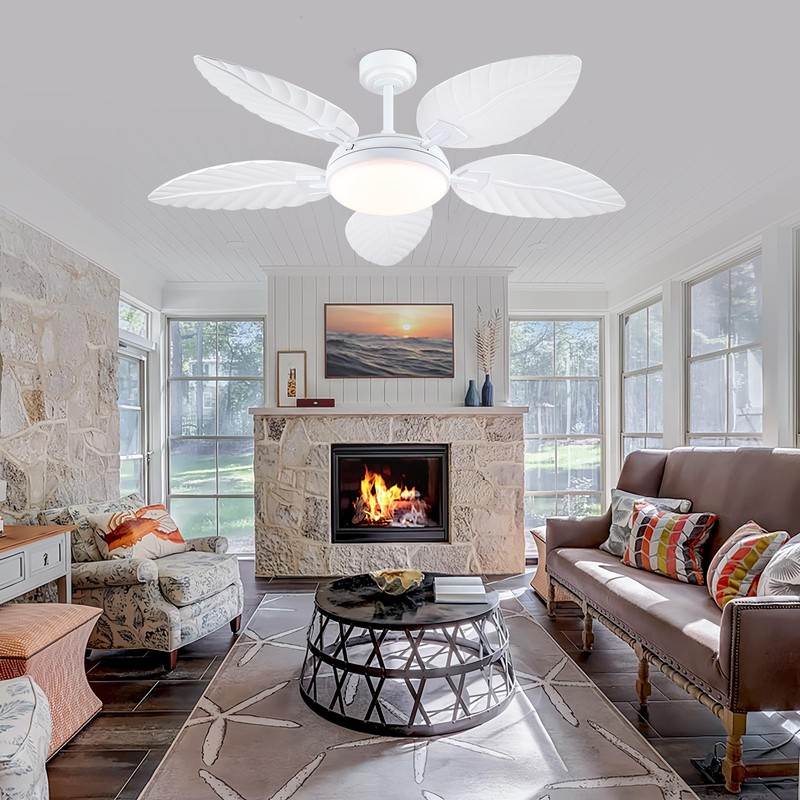 PHORUS 52" Palm Leaf Ceiling Fan with Lights, White Tropical