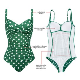 Womens Push Up Tummy Control One Piece Swimsuit/Bathing Suit(Green Polka Dot,Size 12)