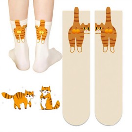 Cute Cat Socks with Balls,Funny Cat Socks for Women,Novelty Cotton Cats Fun Crew Socks for Animal Lovers Gifts (Beige)