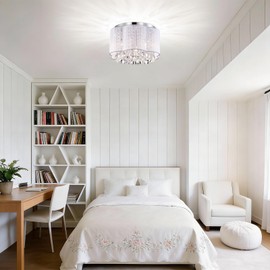 LaLuLa White Crystal Chandelier Ceiling Light 3-Light Flush Mount with Handmade Flower Lampshade, Mini Modern Chandelier for Girls' Bedroom, Nursery, Closet, or Kids Room Lighting Fixture