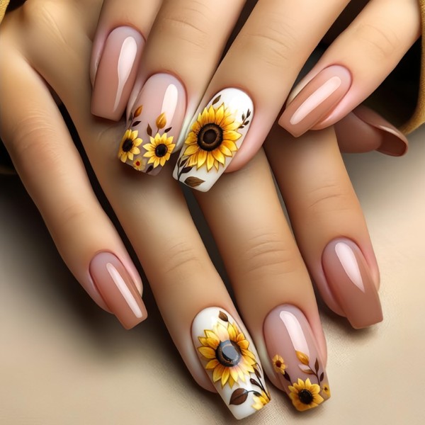 Press on Nails Medium Sunflower Pattern False Nails Artificial Full