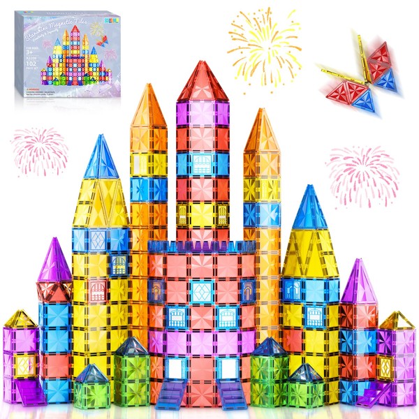 102PCS Diamond Magnetic Tiles Kids Games Toys, STEM Magnet Toys for Toddlers, Magnetic Building Blocks for Kids Age 3-5 4-8 8-12, Preschool Learning Montessori Sensory Toys for 3+ Year Old Boys Girls