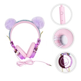 TEHAUX Rhinestone Headphones with Fuzzy Ball Design Over Ear Headset for Head Beam Volume Control for Hearing Protection Soft Earmuffs for Comfort