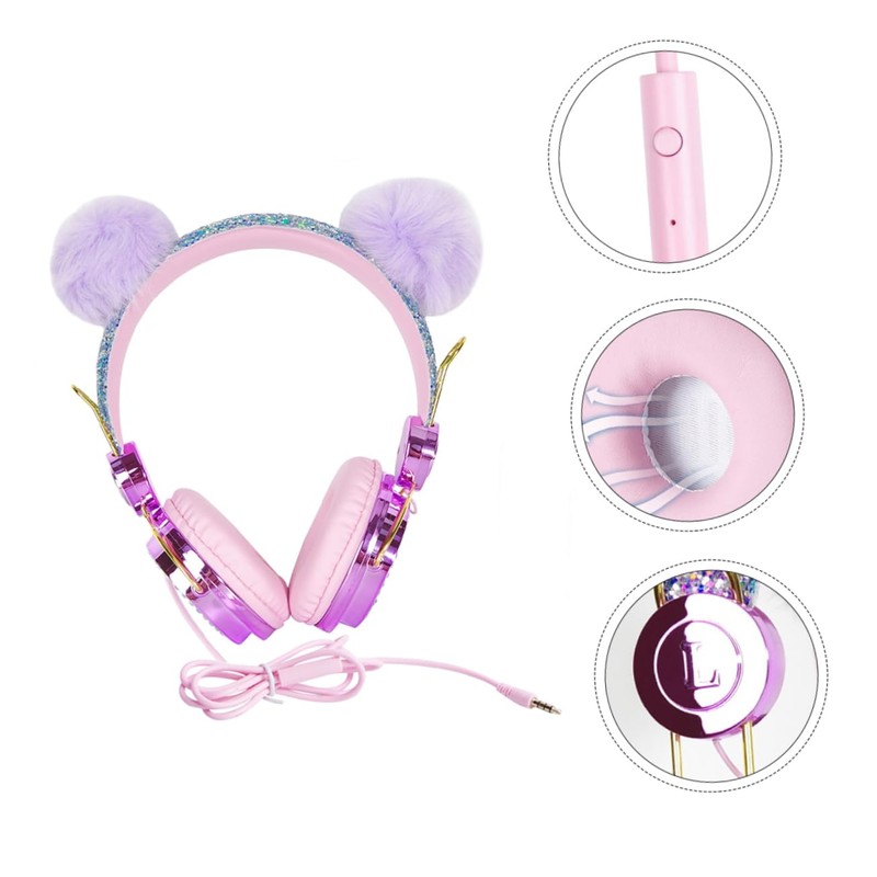 TEHAUX Rhinestone Headphones with Fuzzy Ball Design Over Ear Headset