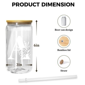 HIZEE 16 oz Monogrammed Can Glass Cups with Bamboo Lids and Straw 1 pack,Initial Letter Glass Cup for Iced Coffee Juice Soda - Customized Gifts for Women and Friends (Letter A)
