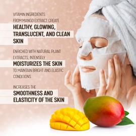 Mango Cloth Mask - Vitamins A & C for Shine & Youthfulness - Natural Antioxidants for Elastic, Clear Skin - Set of 10 Face Masks