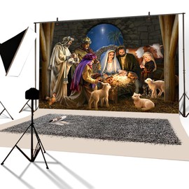 YongFoto 5x3ft Nativity Scene Backdrop Christmas Photo Backdrop Jesus Nativity Christ Manger Sheep Birth Of Jesus Background Photo Studio for Holy Communion Party Decor Banner Photo Studio Props