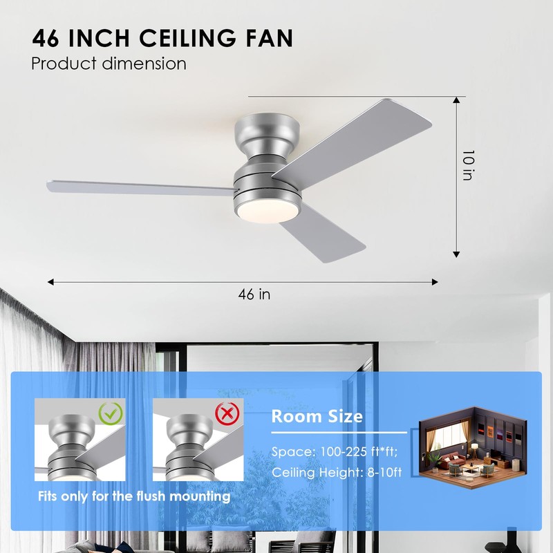 Asyko Ceiling Fans with Lights,46" Low Profile Ceiling Fan with
