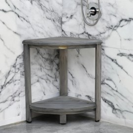 HomeRoots 17" Gray Teak Corner Shower Bench With Shelf
